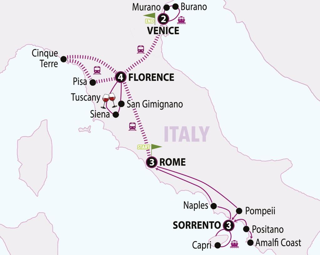 ITINERARY IN BRIEF Itinerary DAY 1-3: ROME DAY 4: POMPEII SORRENTO DAY 5: CAPRI ISLAND DAY 6: AMALFI COAST DAY 7: NAPLES FLORENCE DAY 8: TUSCANY FLORENCE DAY 9: PISA & CINQUE TERRE DAY 10: FREE DAY