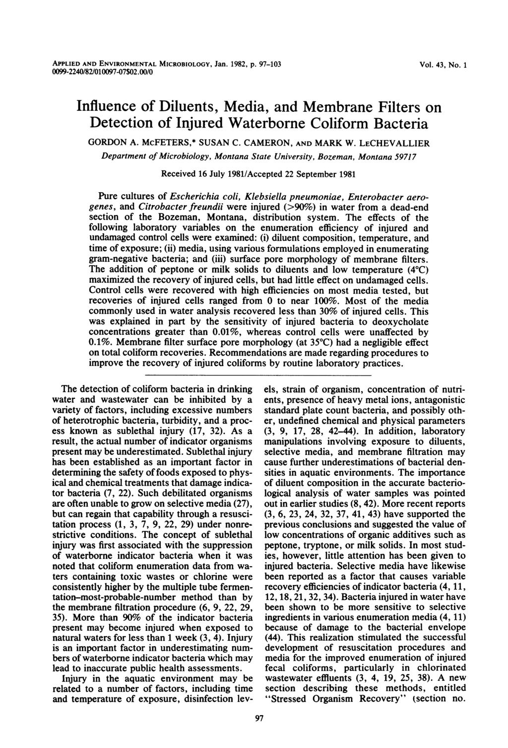 APPLIED AND ENVIRONMENTAL MICROBIOLOGY, Jan. 1982, p. 97-103 0099-2240/82/010097-07$02.00/0 Vol. 43, No.