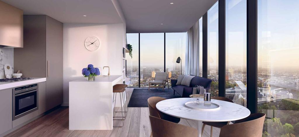 ARTIST IMPRESSION LIVING ROOM / KITCHEN Secluded in the sky. APARTMENTS AT THE PEAK ENJOY PRIVACY AND STYLE, HIGH ABOVE THE CBD.