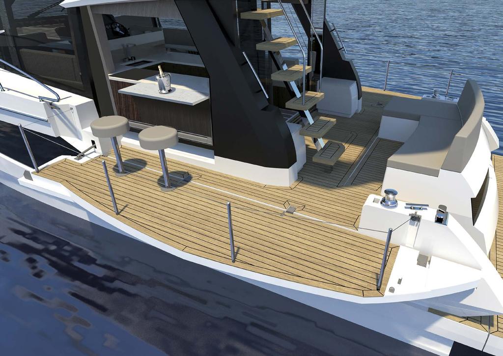 Starboard balcony fitted with handrails. A large hydraulic aft platform.