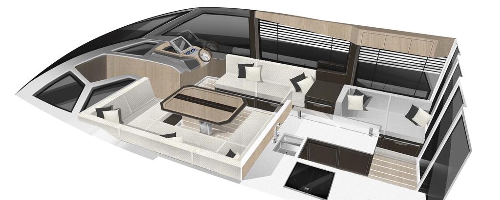 The helm station offers perfect visibility and total command of the yacht. Rotate the driver s seat 90º to create an extra space at the large, fold-out dining table.