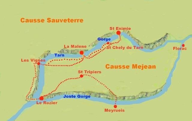 [12 miles/19 kms, 6½ hrs, +455 ms ascent, - 265 ms descent, with lighter option.] Climb out of Meyrueis and enjoy views over the Jonte gorges. Then walk the expansive trails of Causse Mejean.