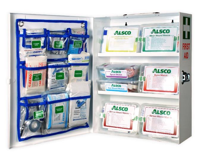 Regular First Aid Kit (Standard/Industrial & Hspitality) Ideal fr medium t large businesses Large sturdy steel cabinet, wall muntable and highly visible Includes 6 fl-prf clur cded mdules Burns Eye