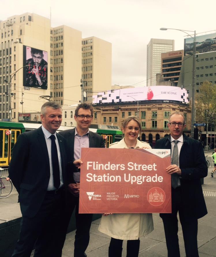 $100million for Flinders Street upgrade Deputy CEO, Mike Houghton, Major Projects Victoria Executive Director, Tim Bamford, Minister for Public Transport, Jacinta Allan, and PTV Director Corporate