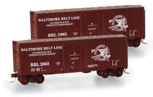 traditional brown boxcars featuring the Baltimore Belt Line herald in white.