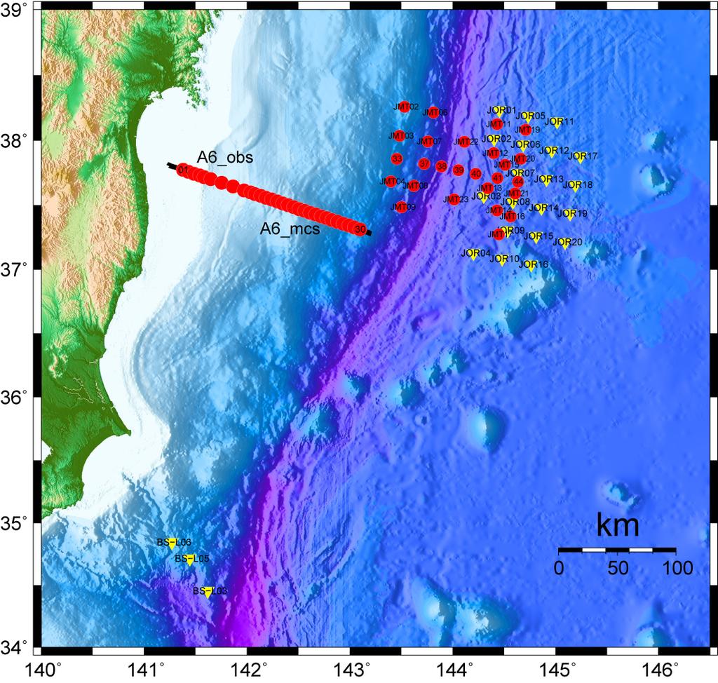(4)Seismic lines 1)Refraction/Reflection seismic survey and observation of aftershocks Red circles and yellow triangles show locations of deployed and recovered OBSs in this cruise and deployed them