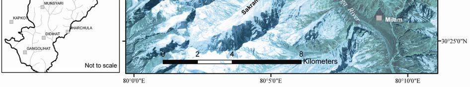 7 km long and receives ice from two cirques on the Trishul peak and seven tributary glaciers in the Goriganga basin 23.