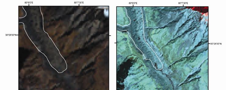 Figure 2. Terminus boundary of Milam Glacier in different time periods: (a) Landsat-II MSS 1976; (b) Landsat-IV TM 1990; (c) Landsat-VII ETM + 1999 and (d) Resourcesat-1 LISS III 2006. of India (www.