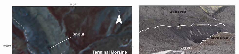 Figure 5. a, Enhanced LISS III imagery showing the moraines. b, Field photograph showing the lateral and terminal moraines and outwash plain.