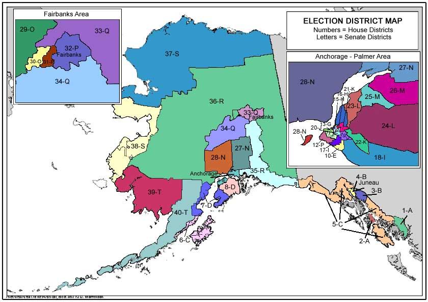 Alaska Election Districts Alaska election districts are drawn so as to include approximately similar populations for each House district and for each Senate district, and to group similar areas