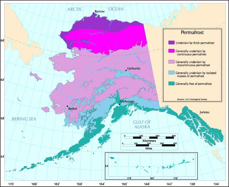 Permafrost Much of Alaska is underlain by permafrost frozen ground--which may be either continuous (everywhere) or discontinuous (just in some places).