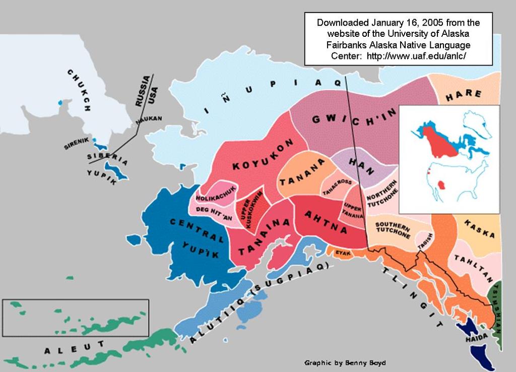 Alaska Native Cultures Alaska is home to many different Native groups. This map shows languages spoken historically by different groups.