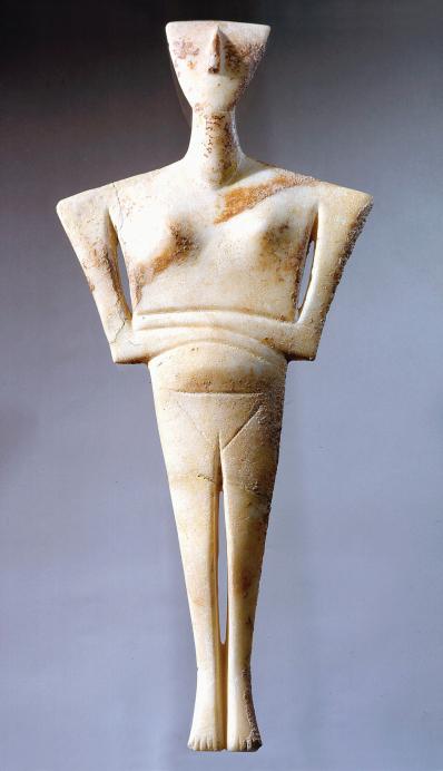 Figurine of a woman, from Syros, Greece. Most Cycladic statuettes depict nude women. This one comes from a grave, but whether it represents the deceased is uncertain.