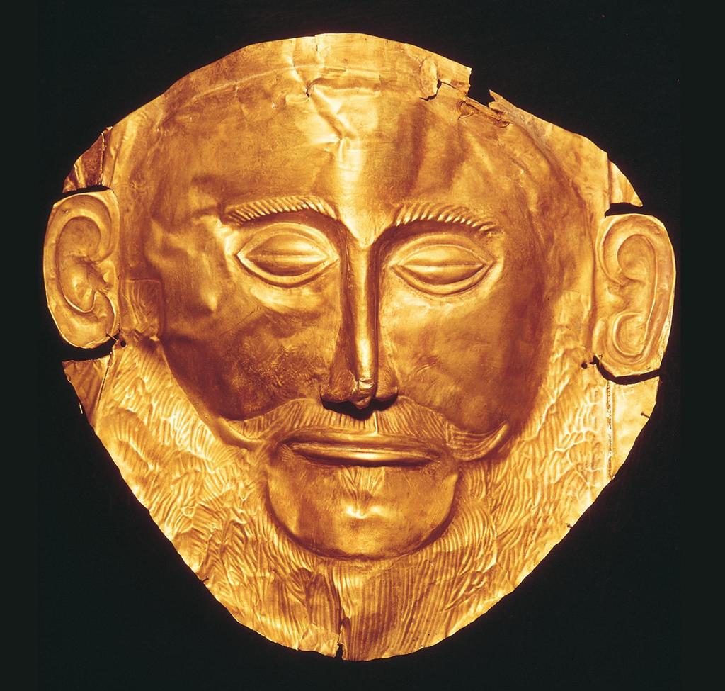 Funerary mask, from Grave Circle A, Mycenae, Greece. Homer describe the Mycenaeans as rich in gold.