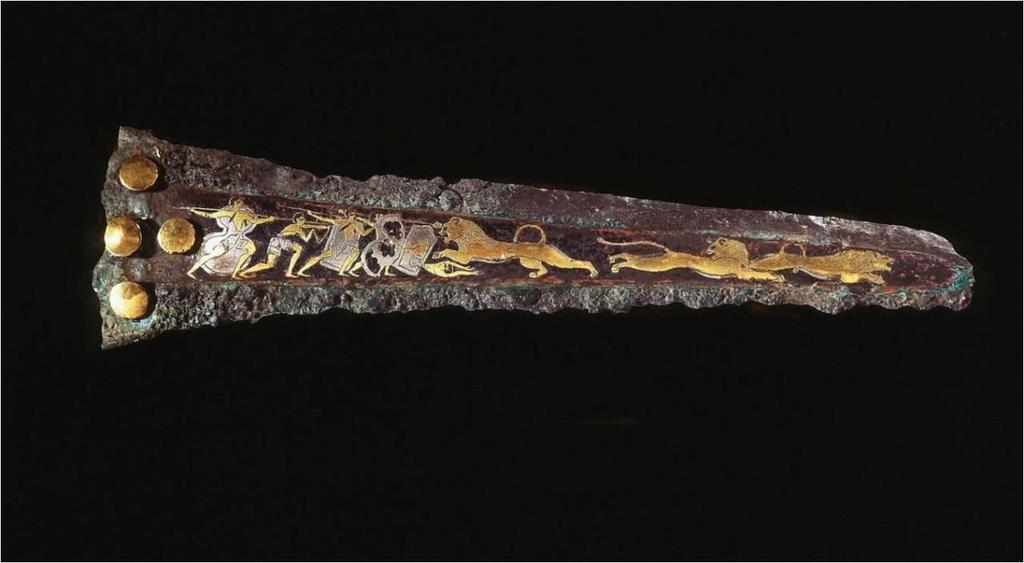 Inlaid dagger blade with lion hunt, from Grave Circle A, Mycenae, Greece.
