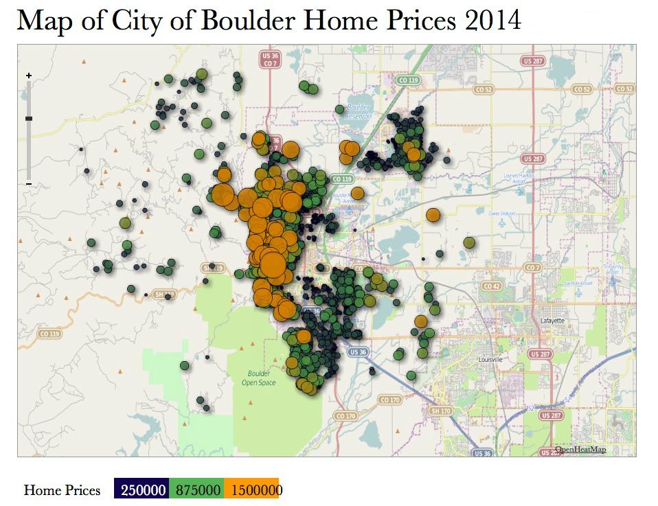 PRICES AND LOCATIONS The map below shows all of the sales of houses and condos in and around Boulder in 2014.