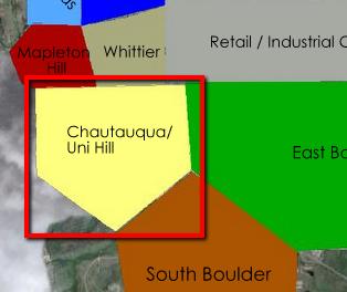 CHAUTAUQUA / UNIVERSITY HILL Overview: The area located from Broadway to the mountains and between downtown Boulder and the National Institute of Standards and Technology can be broadly characterized