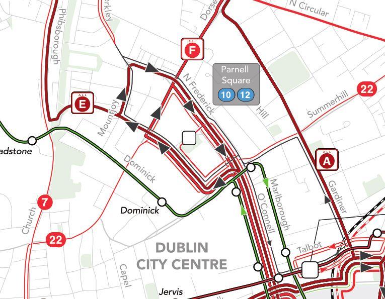 Figure 5.5.11: Redesign of Dublin Bus Network In addition, Parnell Square North is shown as the terminus for Routes 10 and 12.