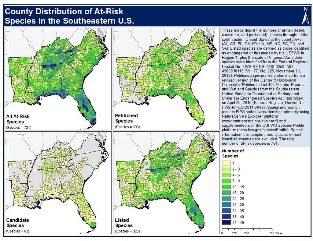 This section provides an overview of geographic trends and species characteristics for at-risk species.
