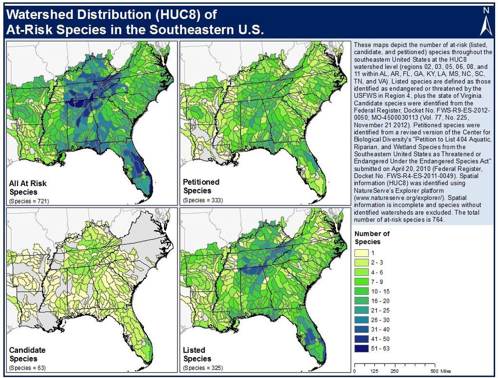 Figure 3: Watershed distribution (presence/absence) of at-risk species throughout the southeastern U.S.