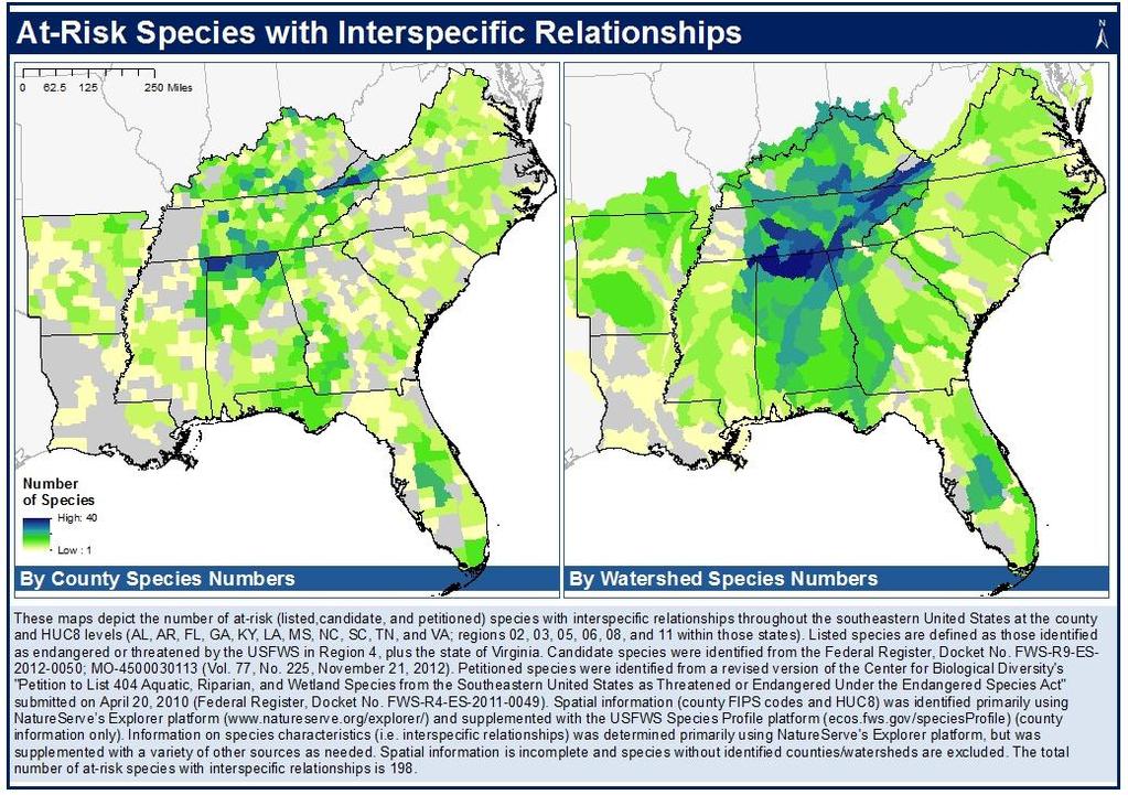 Approximately 25% of at-risk species rely on some type of interspecific relationship: butterflies with either obligate larval hosts or feeding plants, mussels with obligate larval fish hosts, and