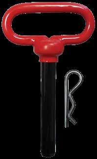 Hitch Pins High Strength Hitch Pins - Grade 5 S..E. 1040 stress-proof steel. Grade 5 specification. Rockwell Hardness 25-34 (HR). lack powder-coated enamel pin. Red vinyl dipped handle.