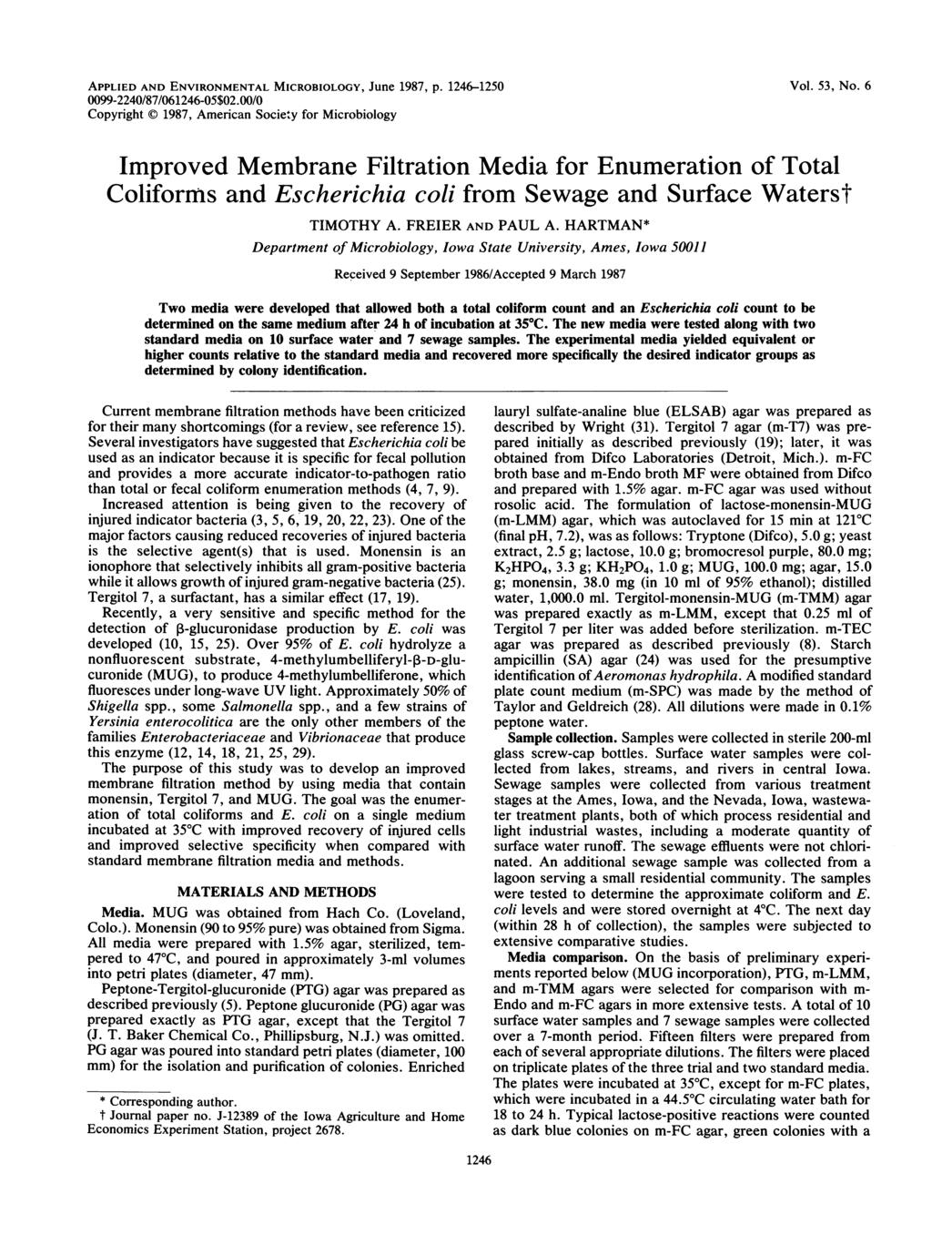 APPLIED AND ENVIRONMENTAL MICROBIOLOGY, June 1987, p. 1246-1250 0099-2240/87/061246-05$02.00/0 Copyright C) 1987, Americn Society for Microbiology Vol. 53, No.