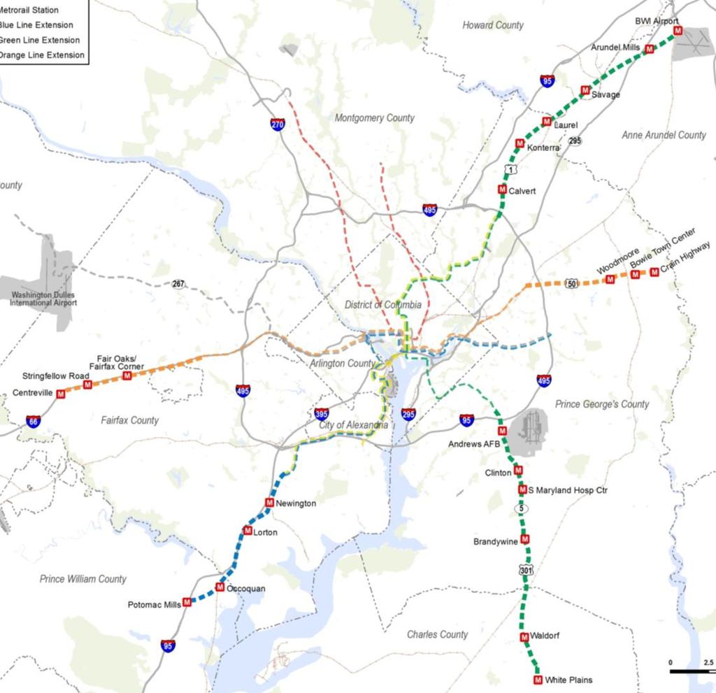 Metrorail: Extensions 1. Green Line to BWI 2. Orange Line to Bowie 3.