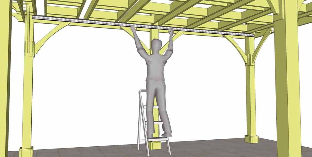 Place tight against post and underneath pergola joists.