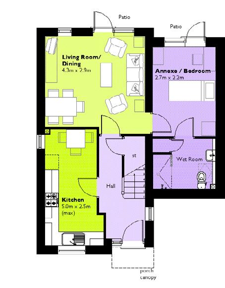 First Floor Ground Floor Living/dining 4.3 x 3.9 16.8 Kitchen/diner 2.5 max x 5 11 GF Annexe/bed 3.9 x 2.7 10.5 Annexe en-suite 2.