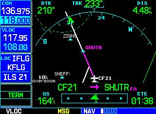 ) 9) After approximately one minute, make a turn to intercept the ILS. The GNS 530 sequences to the inbound leg and NEXT DTK 210 appears along the bottom of the screen.