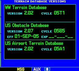 SECTION 10 AUX PAGES Utility Page: Terrain Database Versions The Terrain Database Versions Page (Figure 10-27) displays the current version and area of coverage of each terrain and obstacle database.
