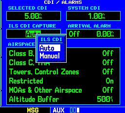 SECTION 10 AUX PAGES Changing the ILS CDI scale: 1) Select CDI/Alarms from the Setup Page, using the steps described at the beginning of this section.
