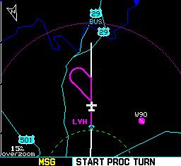 SECTION 6 PROCEDURES 4) Fly the outbound course. 5) Approximately one minute after passing the FAF (LYH), the alert message START PROC TRN appears along the bottom of the screen (Figure 6-16).