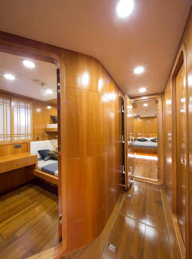 The master stateroom can be located forward as a v-berth of aft as an amidships stateroom.