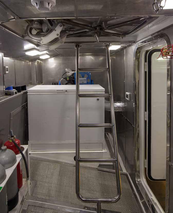 The engine room houses the twin diesel engines in addition to many of the ship s machinery components. Bering Yachts places great emphasis on minimizing noise and vibration coming from this space.