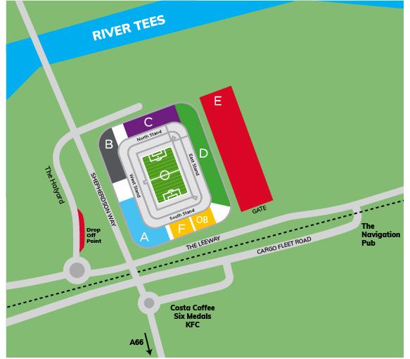 By Car The postcode for the Riverside Stadium is TS3 6RS. A sat nav will lead you to the ground.