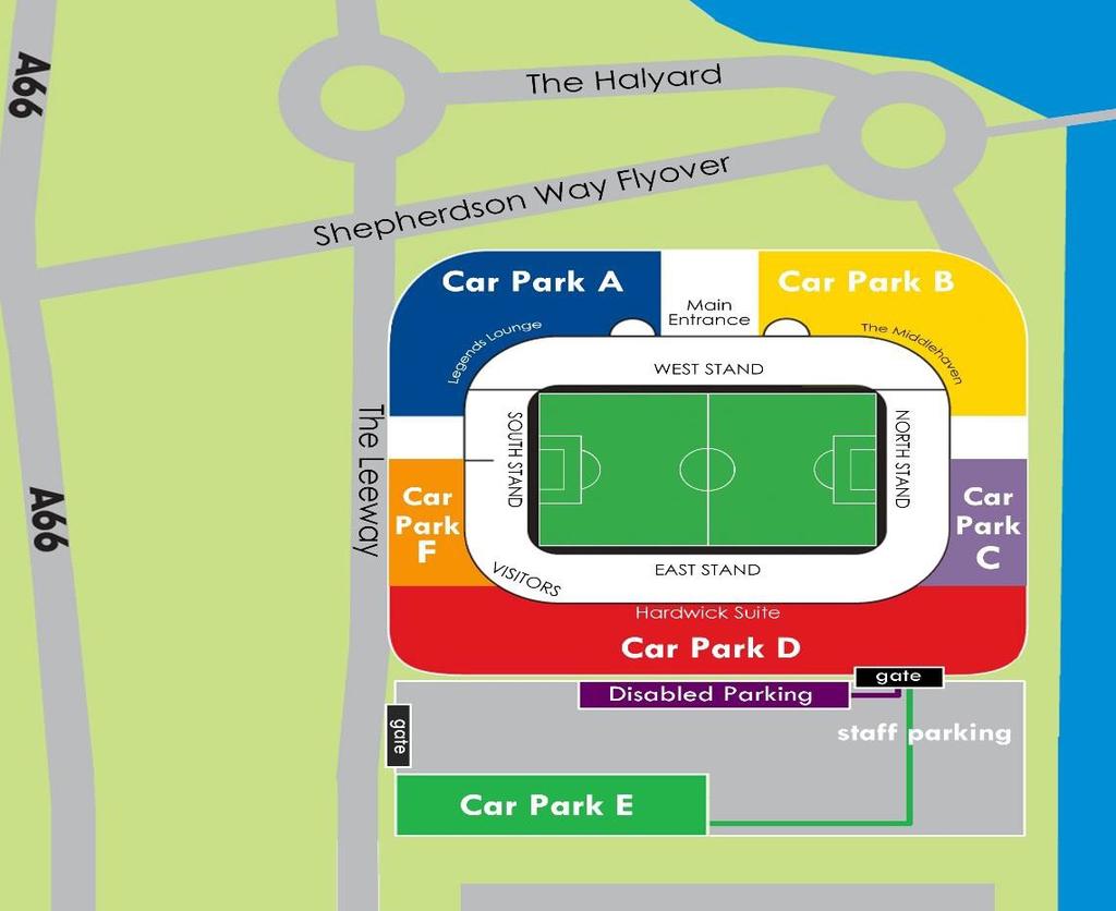 Car Parking Matchday Parking at the Stadium is only available to permit holders. There are six different car parks at the Riverside Stadium- Car Parks A through to F.