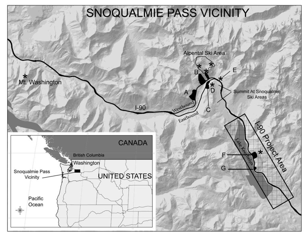 Figure 1.Snoqualmie Pass Vicinity: A- Granite Mtn., B- Denny Mtn., C- West Shed/Airplane Curve, D- Dodge Ridge, E- WSDOT study plot, F- East Shed, G- Slide Curve.