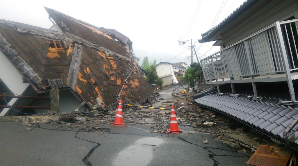 Damage in Mashiki town, caused by seismic intensity 7, twice Kumamoto earthquake victims 50