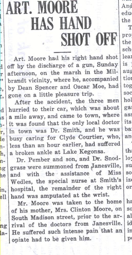 Evansville, Wisconsin June 14, 1917, Evansville Review, p. 1, col. 3, OBITUARY The death of Mrs. Chas. Moore occurred at her home on Mill St. at 7:10 p.m. Thursday evening.