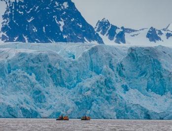 wildlife, such as the indigenous Svalbard reindeer, are possible here. After cruising overnight, wake up to the stunning sight of the magnificent Monaco Glacier, another prolific iceberg producer.