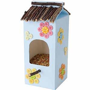 Birdhouse Kids Craft What you need: Clean empty half gallon milk or juice carton hammer & nail 1/8 dowel or twig that is 3-4 in length weatherproof paints paintbrush glue buttons twigs String or