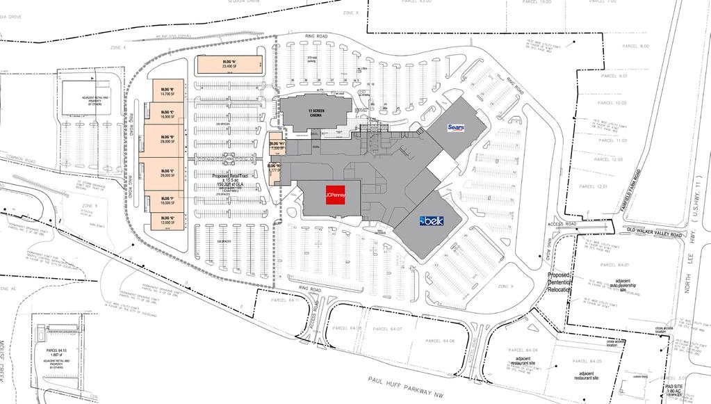 Leasing Area Outparcels 12 Belk 50,000 JCPenney 43,309 Kmart 104,535 Dunham s Sports 51,019 Carmike 12 45,276 Anchors (Total) 294,139 Existing Mall Shops 153,644 Common Area 103,778