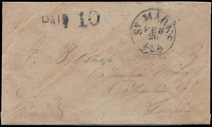 Route 6556: St. Marks St Marks Fla Feb 20 postmark with PAID 10 type C rate on cover. St. Marks was a major Gulf port active in blockade running, salt production, and was also the location of Confederate Fort Ward.
