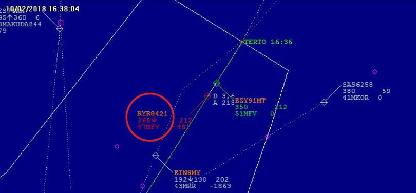Position of the aircraft at 16:37:28 Later, at 16:38:04, the Boeing 737-8AS aircraft with callsign RYR8421 was