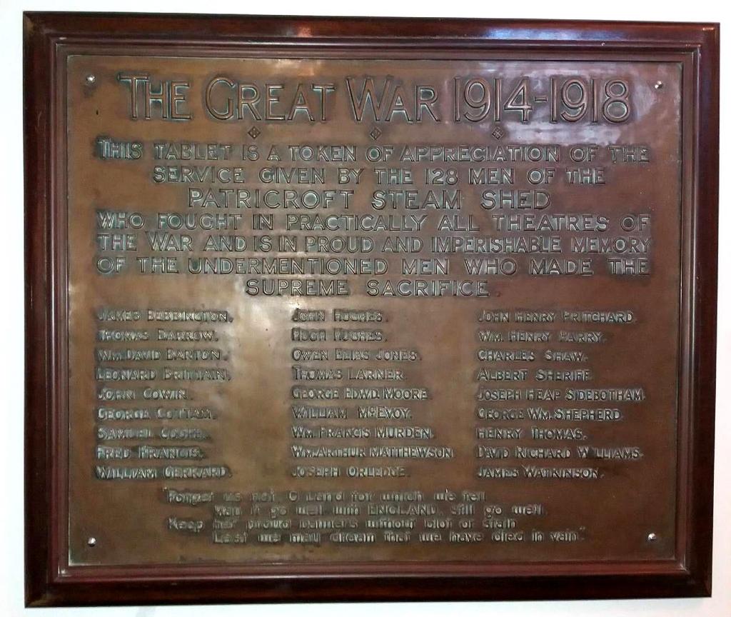 Zoom in to study the above photograph in more detail. This is the bronze plaque from Patricroft Steam Shed in honour of those who served and those who fell in the First World War.
