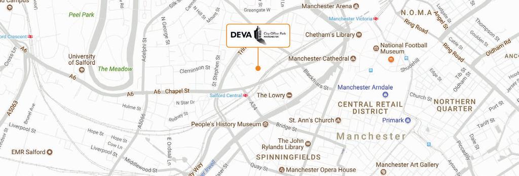 At the heart of the city Access to Deva City Office Park is from Trinity Way (A6042), which forms part of the Manchester inner ring road, or Chapel Street, adjacent to the 5* Lowry Hotel.