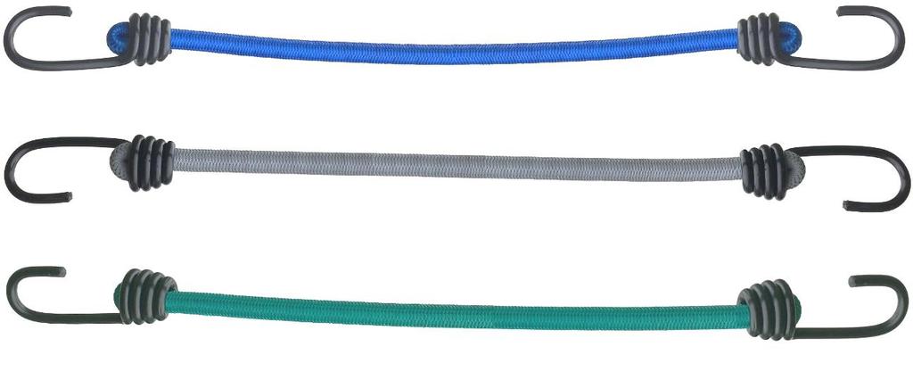 Bungee cords with two classic hooks High tensile elastic cable ideal for heavy duty applications Extra-strong plastic coated steel hooks Colour fast and with good resistance to adverse weather