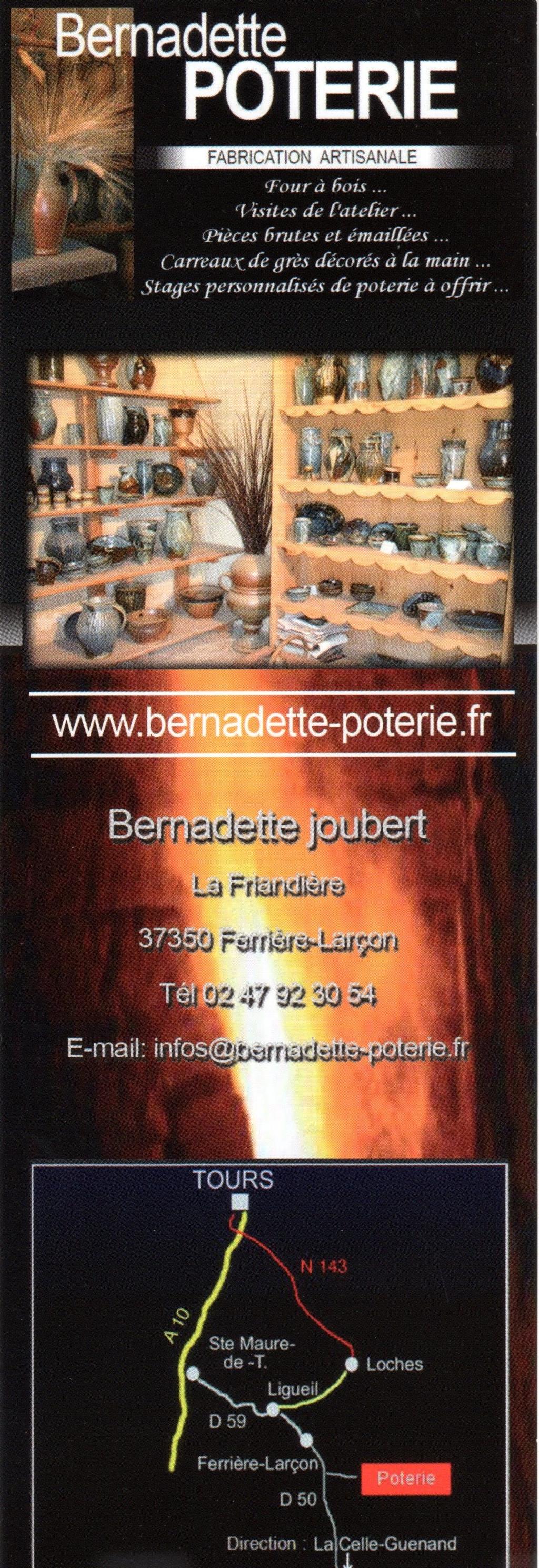 Bernadette s Pottery is just 10 minutes to the North of La Richardière at the junction before Ferriere-Larcon. You will be given a warm welcome and a tour of the Pottery Shgow room.